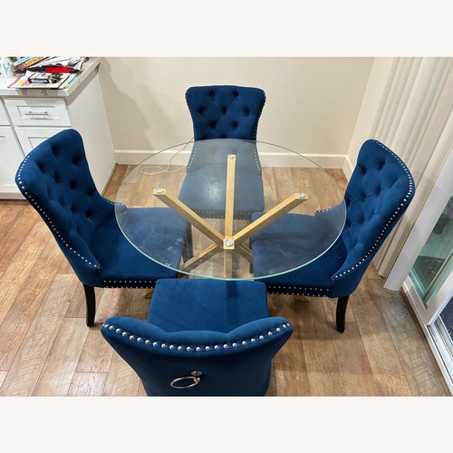 Used Amazon Round Glass Dining Table with Velvet 4 Chair Set for sale on AptDeco
