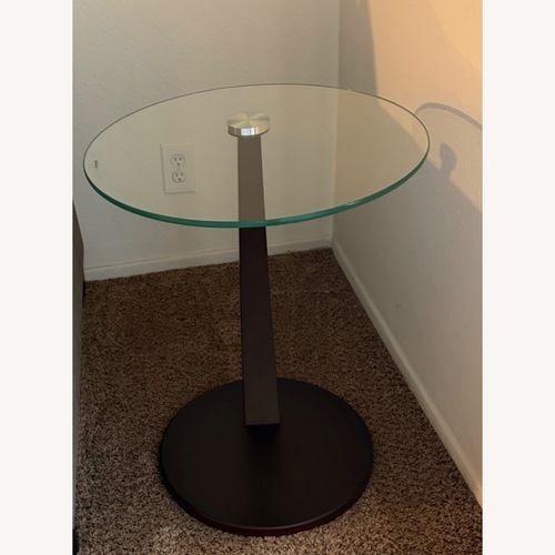Used Two Round Bachmann Tempered Glass End Tables for sale on AptDeco