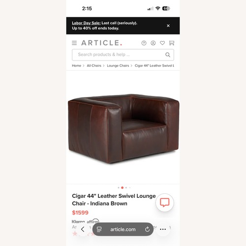 Used Article Cigar 44" Leather Swivel Lounge Chair for sale on AptDeco