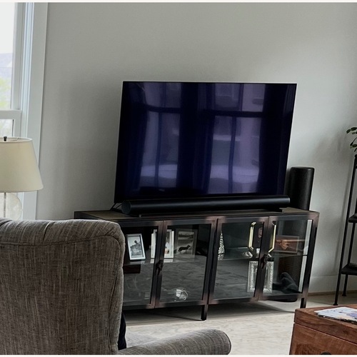 Used Pottery Barn Flynn 60" Media Console Antique Brass for sale on AptDeco