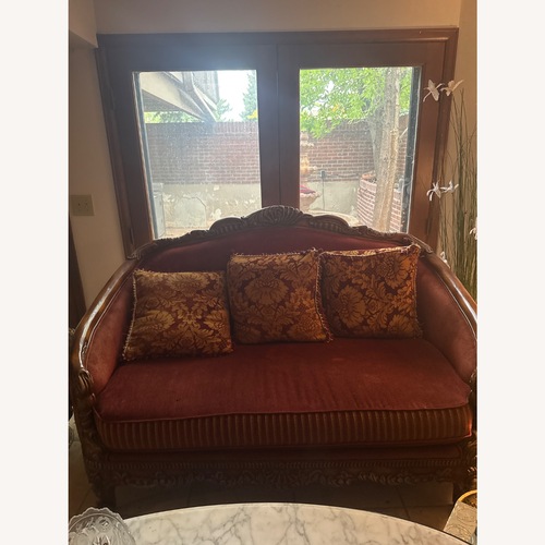 Used Baroque Burgundy Sofa with Wood Frame for sale on AptDeco