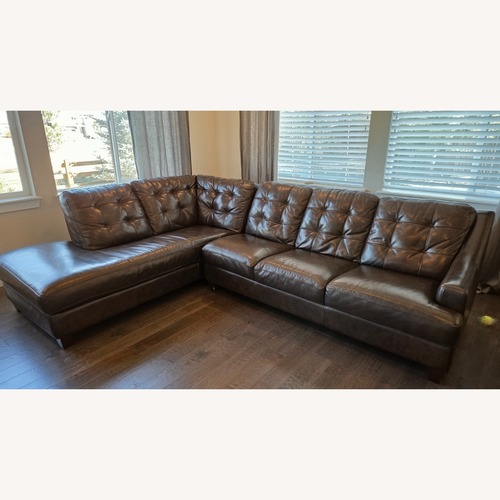 Used Bassett Dark Brown Leather 2 Piece Sectional With Ottoman for sale on AptDeco