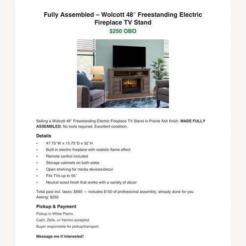 Used Wolcott 48" Electric Fireplace TV Stand for sale on AptDeco