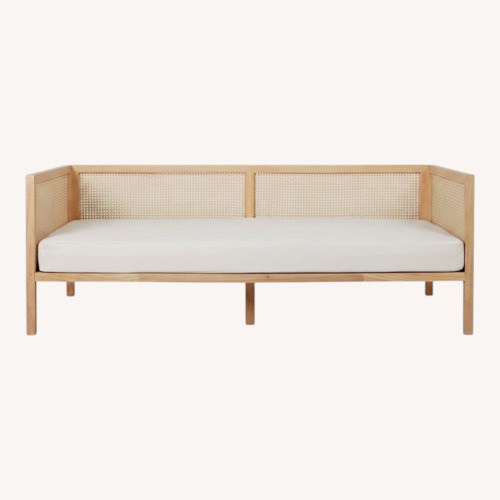 Used CB2 Boho White Linen and Natural Rattan Daybed Twin for sale on AptDeco