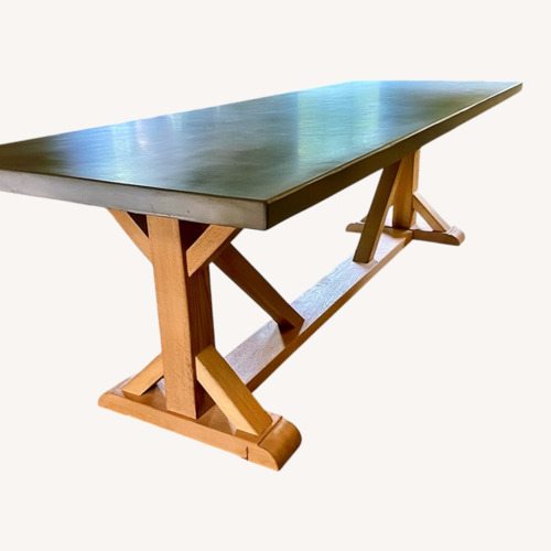 Used Custom Blue Stone Table Solid Oak Trestle Base for sale on AptDeco