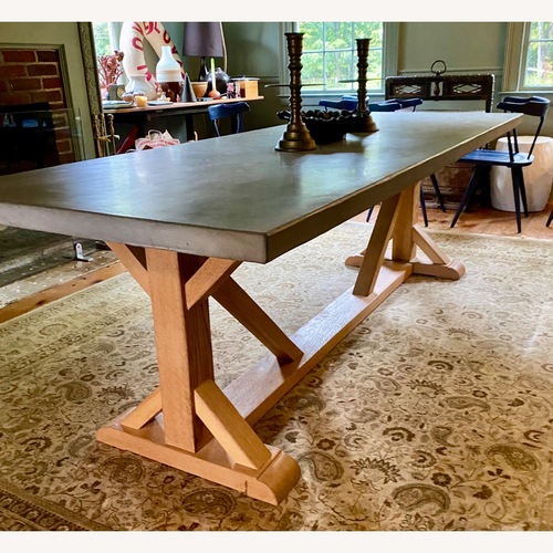 Used Custom Blue Stone Table Solid Oak Trestle Base for sale on AptDeco