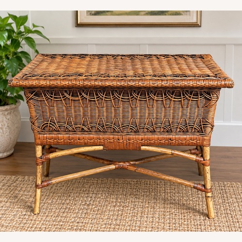 Used Vintage Wicker Storage Trunk on Bamboo Stand for sale on AptDeco