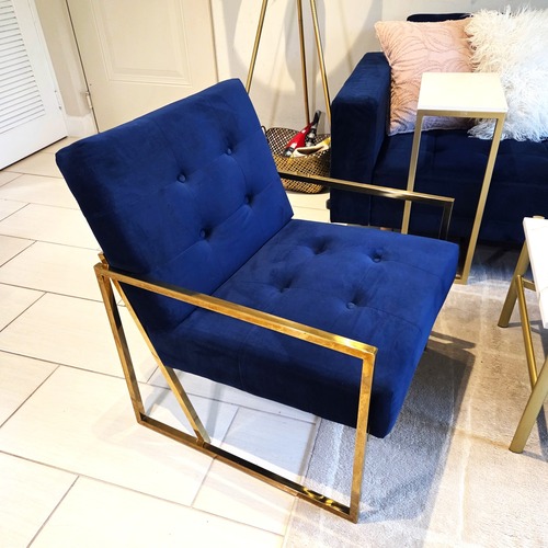 Used Everly Quinn Blue Velvet Tufted Accent Chair for sale on AptDeco