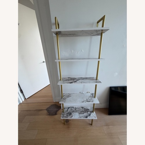 Used White Wood Bookcase with Marble Shelves for sale on AptDeco