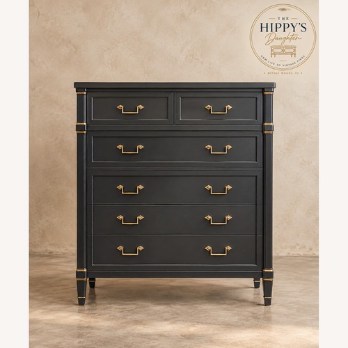 Used Drexel Wood Highboy Dresser | Charcoal Blue for sale on AptDeco