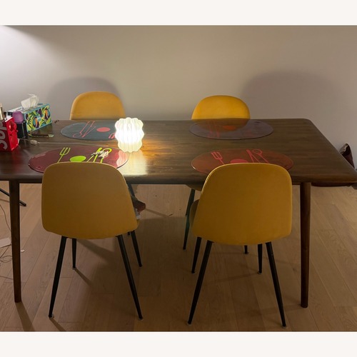 Used EQ3 Dark Brown Wood Dining Table + 4 Velvet Chairs for sale on AptDeco