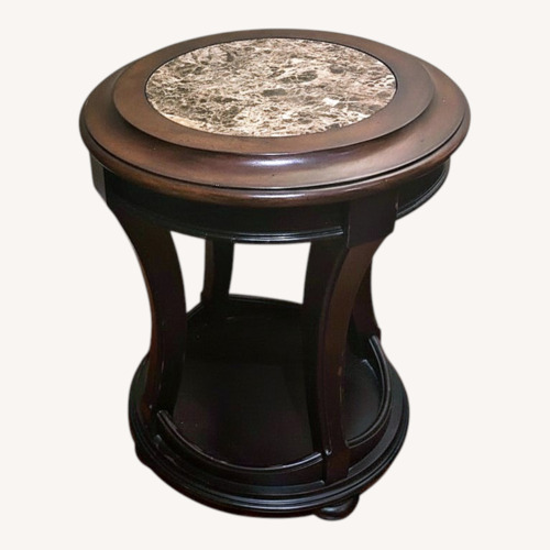 Used Round Wooden End/Side Table w/Faux Marble Top for sale on AptDeco