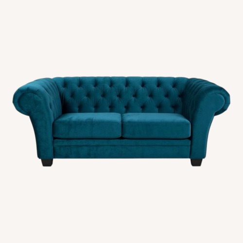 Used Lush Peacock Loveseat W Throw Pillows for sale on AptDeco