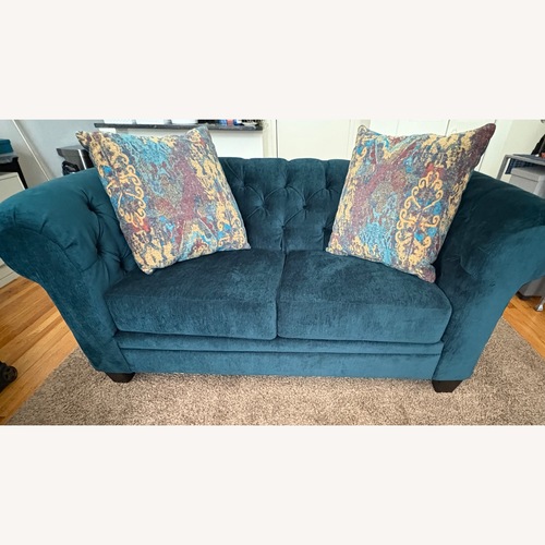 Used Lush Peacock Loveseat W Throw Pillows for sale on AptDeco