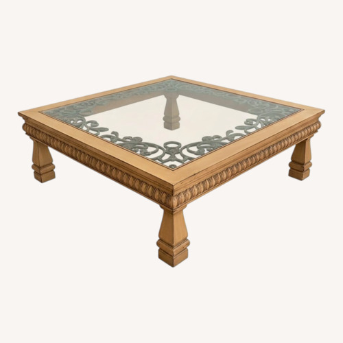 Used Square Glass Top Wood Wrought Iron Coffee Table for sale on AptDeco