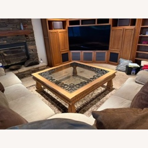 Used Square Glass Top Wood Wrought Iron Coffee Table for sale on AptDeco