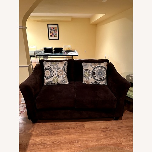 Used Raymour & Flanigan Dark Brown Suede Loveseat for sale on AptDeco