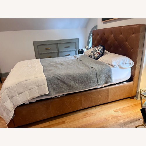 Used Pottery Barn Lorraine Light Brown Leather Queen Bed for sale on AptDeco