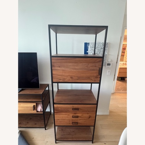 Used Crate & Barrel Knox Black Trim and Walnut Tall Storage Bookshelf for sale on AptDeco