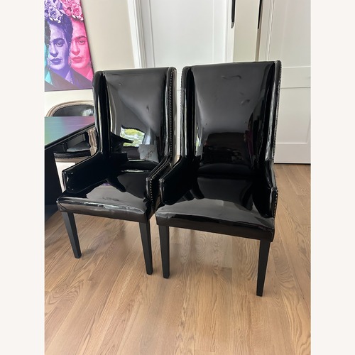 Used CB2 Reynolds Black Patent Leather Dining Chairs for sale on AptDeco