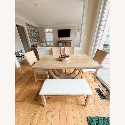 Used Wayfair Light Brown Dining Table, Chairs and Bench for sale on AptDeco