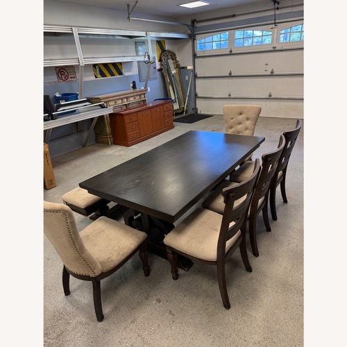 Used Dark Wood Dining Table Set with Chairs and Bench for sale on AptDeco