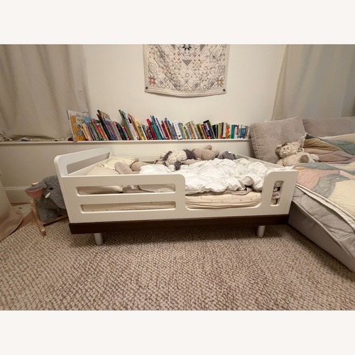 Used Oeuf Classic Toddler Bed White and Dark Wood for sale on AptDeco