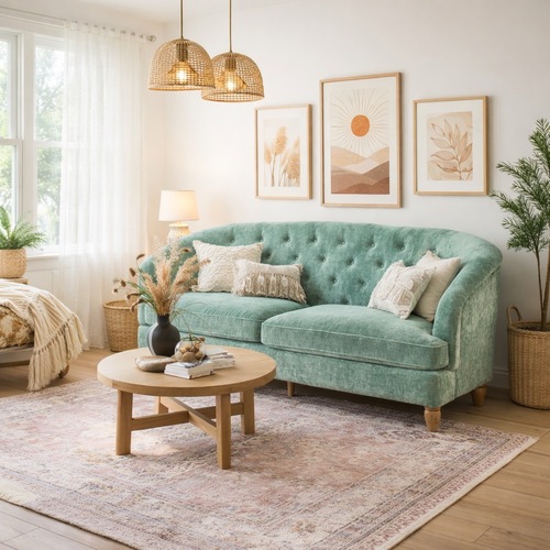 Used The pioneer woman laurel tufted sofa teal velvet for sale on AptDeco