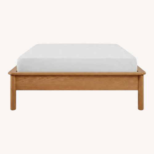 Used Article Pactera Oak King Bed and Velvet Headboard for sale on AptDeco