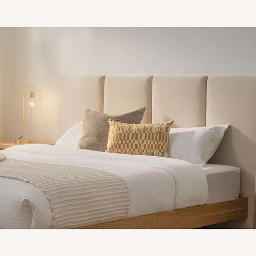 Used Article Pactera Oak King Bed and Velvet Headboard for sale on AptDeco