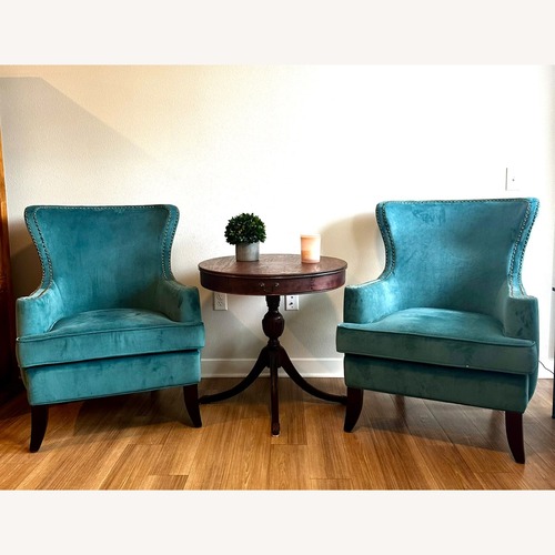 Used Pair of Teal Velvet Wingback Accent Chairs for sale on AptDeco