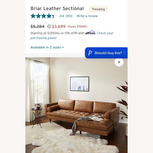Used Joybird Light Brown Leather 2 Piece Sectional for sale on AptDeco