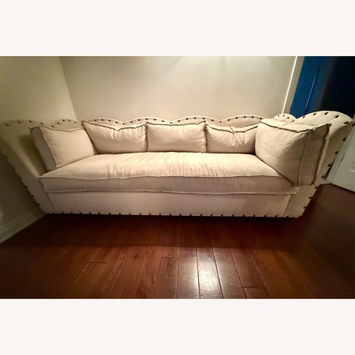 Used Ethan Allen Custom Scalloped Linen Sofa for sale on AptDeco