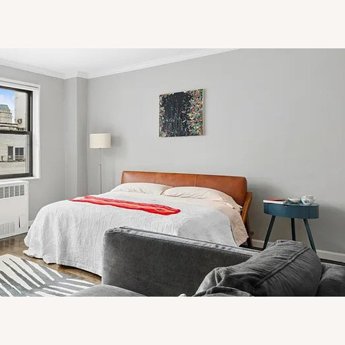 Used CB2 Drommen Acacia Wood Full Bed Leather Headboard for sale on AptDeco
