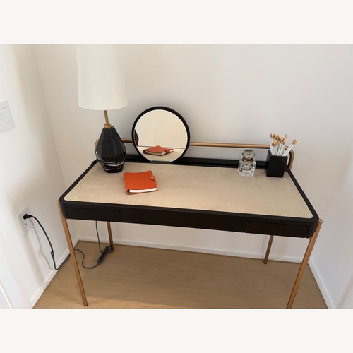 Used Taupe suede make-up table for sale on AptDeco