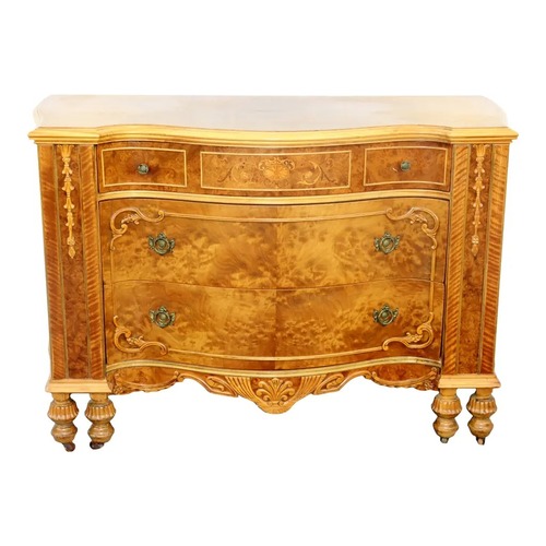 Used Burl Wood Serpentine Dresser With Floral Inlay for sale on AptDeco