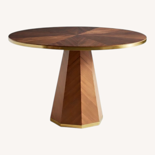 Used Anthropologie Quillen Marquetry Round 48" Walnut Pedestal Dining Table for sale on AptDeco
