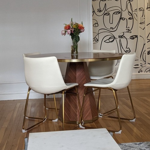 Used Anthropologie Quillen Marquetry Round 48" Walnut Pedestal Dining Table for sale on AptDeco