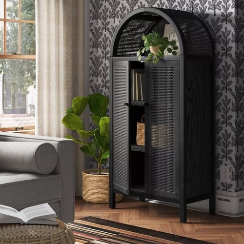 Used Wayfair Threshold Woven Arched Wood Cabinet, Black for sale on AptDeco