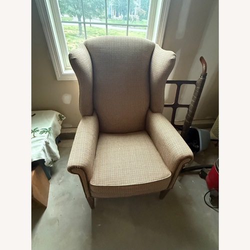Used Sam Moore Fabric Beige Red Houndstooth Armchair for sale on AptDeco