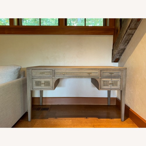 Used Essentials for Living Cane Desk in Smoke Grey Oak for sale on AptDeco