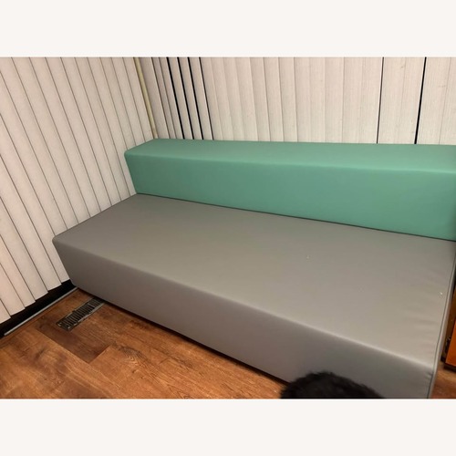 Used Modern Two-Tone Green and Grey Armless Bench for sale on AptDeco