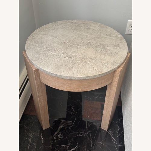 Used Raymour & Flanigan Guystone Natural Wood Side End Table for sale on AptDeco