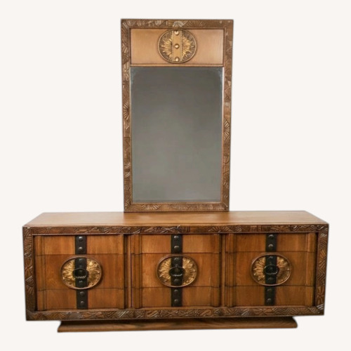 Used MCM Lowboy Dresser with Mirror & Ornate Pulls for sale on AptDeco