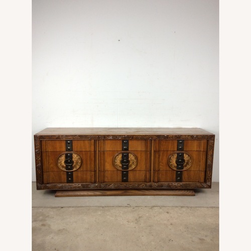 Used MCM Lowboy Dresser with Mirror & Ornate Pulls for sale on AptDeco