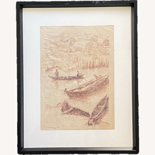 Used Vietnamese Boat Scene, 1980 Ink Drawing Framed for sale on AptDeco