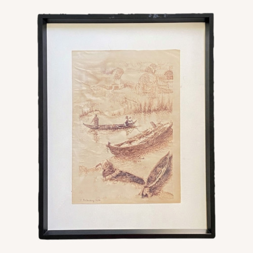 Used Vietnamese Boat Scene, 1980 Ink Drawing Framed for sale on AptDeco