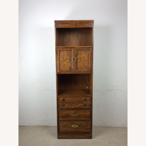 Used Vintage Campaign Style Oak Wall Unit with Brass for sale on AptDeco