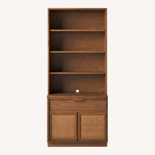 Used Mid Century 2pc Shelving Unit with Caned Doors for sale on AptDeco