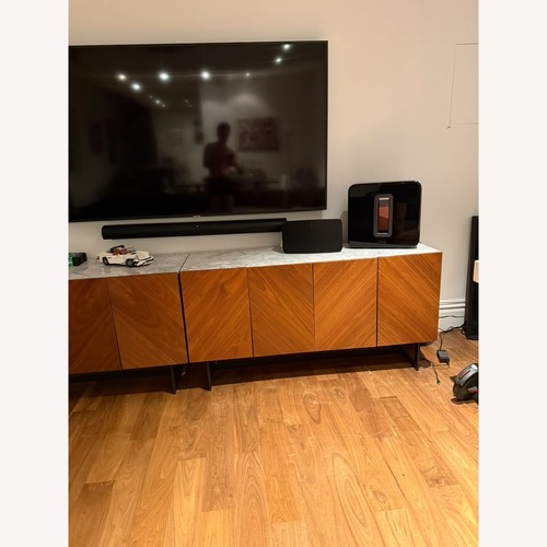 Used CB2 Suspend 57" Walnut Wood Media Console with White Marble Top for sale on AptDeco
